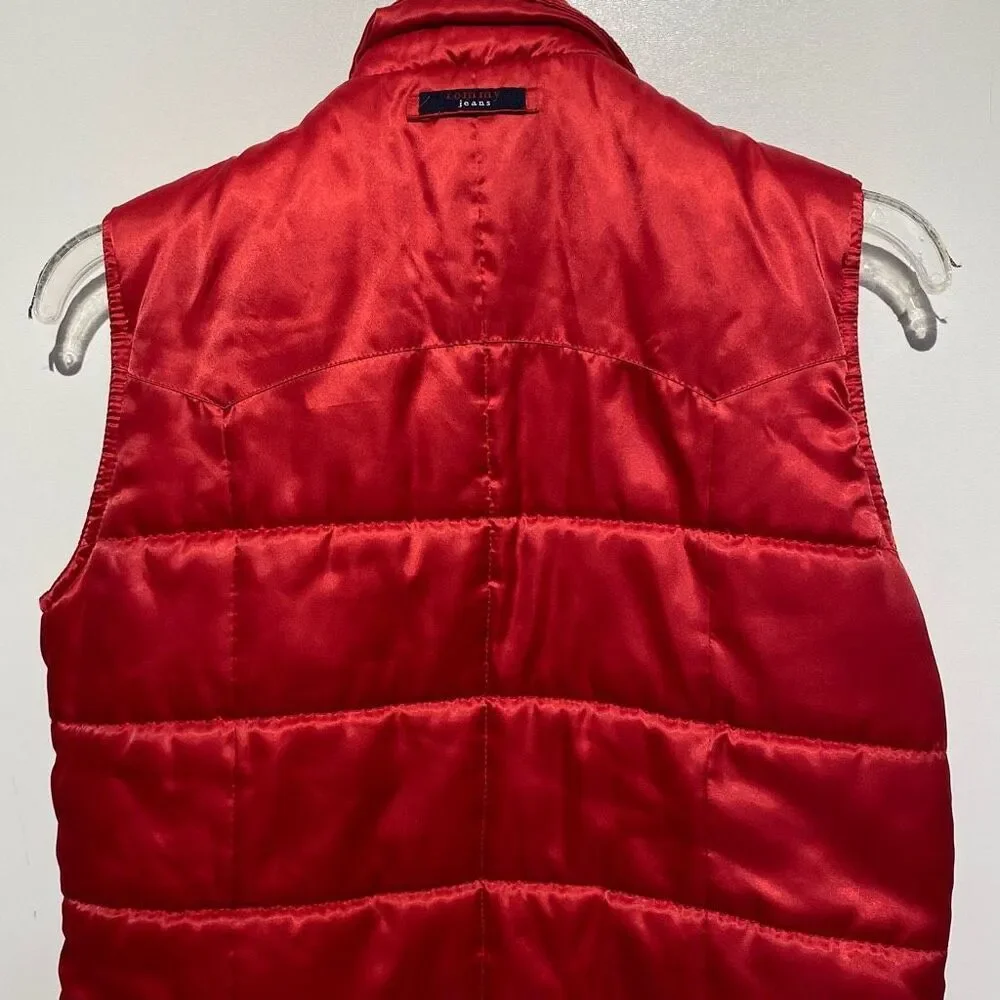 Vintage Tommy Jeans Women's Red Satin Collared Full Zip Puffer‎ Vest Medium